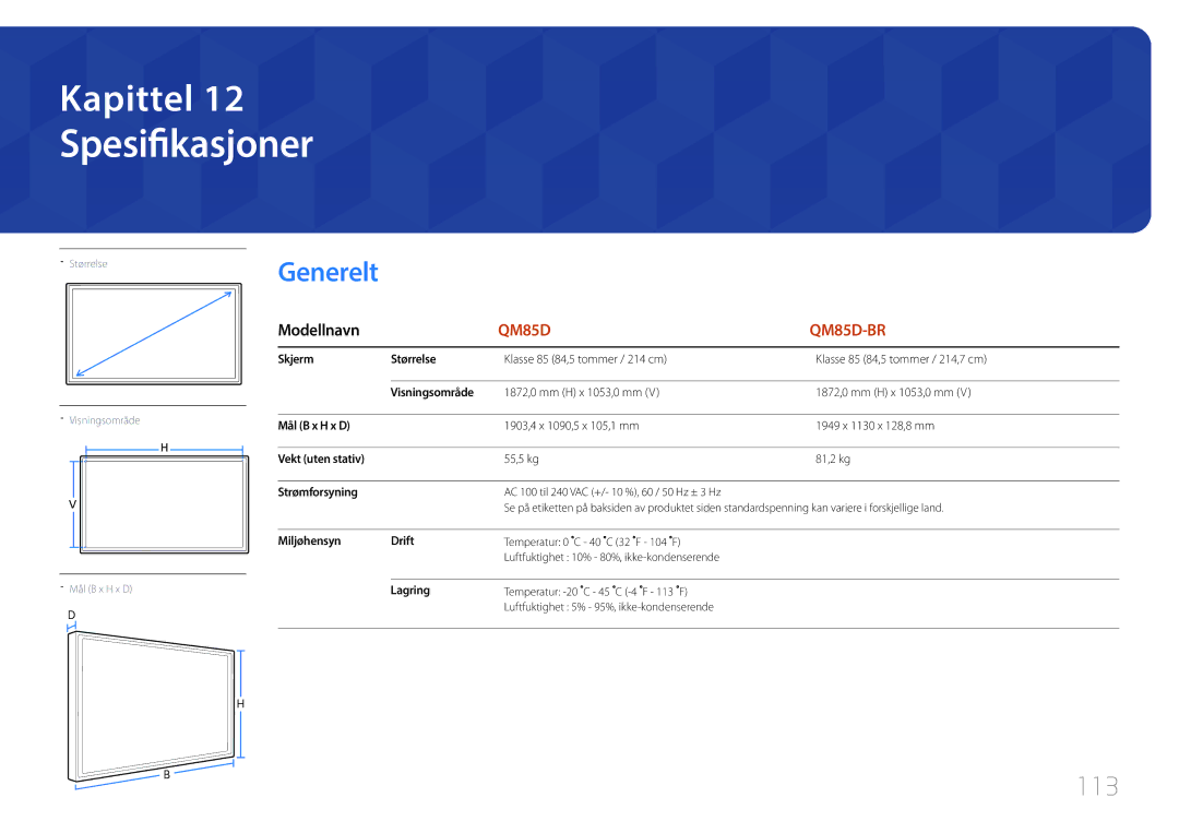 Samsung LH85QMDRTBC/EN, LH85QMDPLGC/EN manual Spesifikasjoner, Generelt, 113 