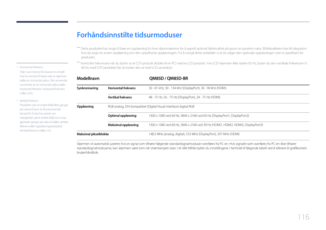 Samsung LH85QMDPLGC/EN, LH85QMDRTBC/EN manual Forhåndsinnstilte tidsurmoduser, 116, Modellnavn QM85D / QM85D-BR 