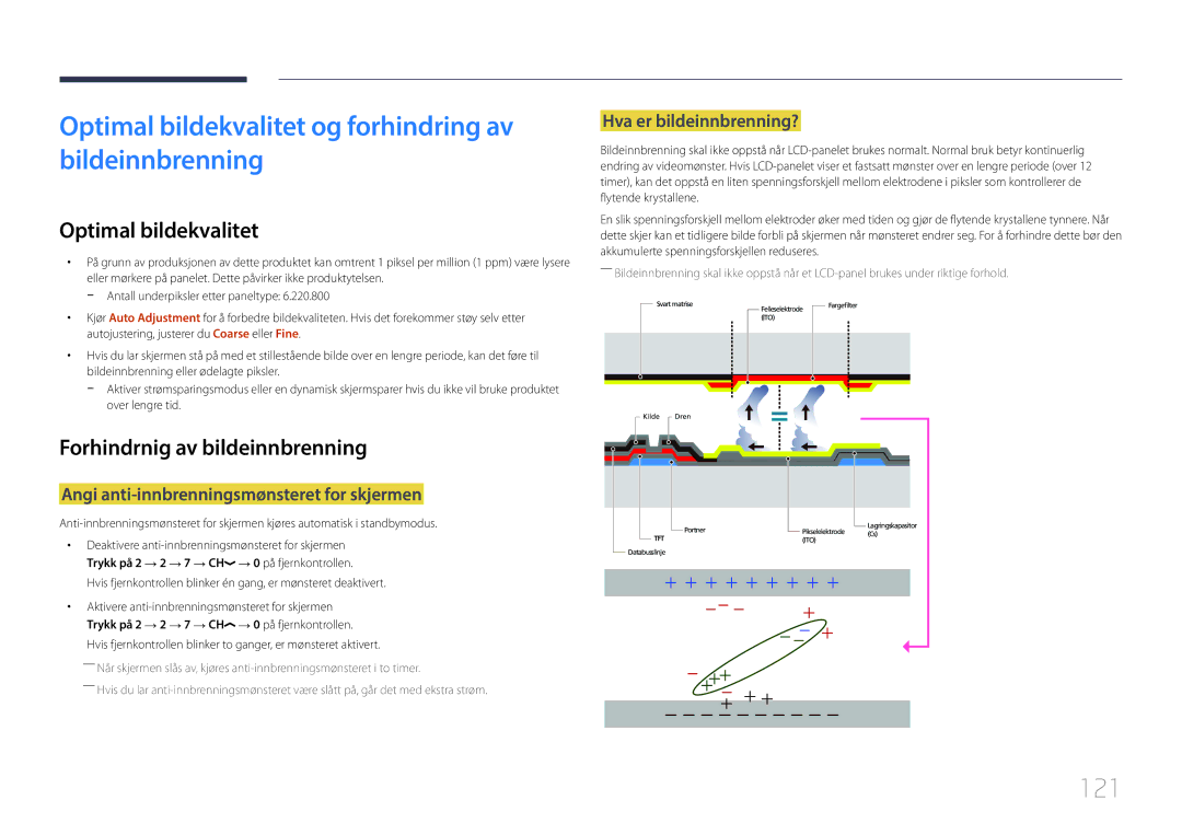 Samsung LH85QMDRTBC/EN Optimal bildekvalitet og forhindring av bildeinnbrenning, 121, Forhindrnig av bildeinnbrenning 