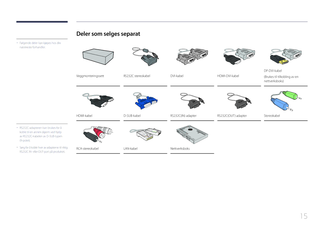 Samsung LH85QMDRTBC/EN, LH85QMDPLGC/EN manual Deler som selges separat, RCA-stereokabel LAN-kabel Nettverksboks 