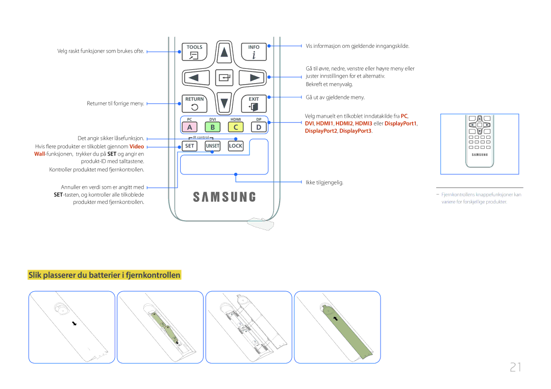 Samsung LH85QMDRTBC/EN manual Slik plasserer du batterier i fjernkontrollen, Velg raskt funksjoner som brukes ofte 