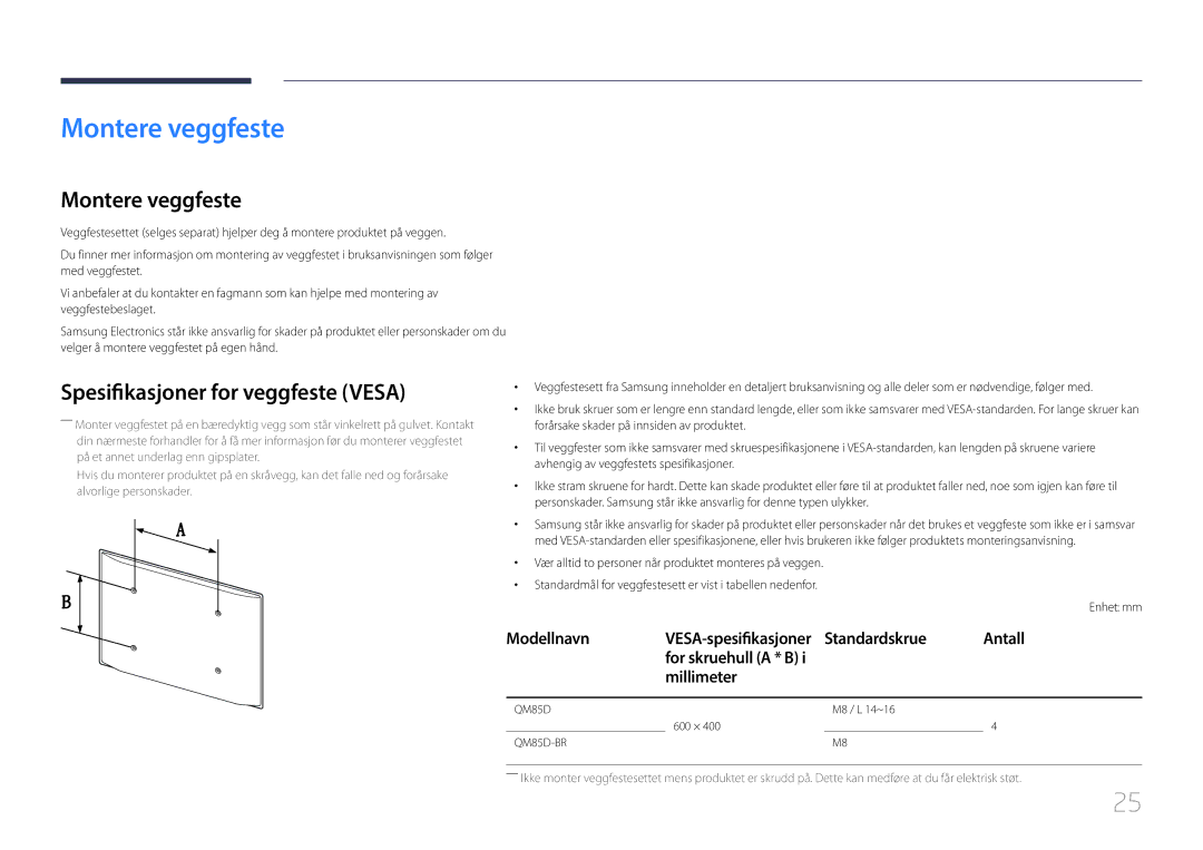 Samsung LH85QMDRTBC/EN manual Montere veggfeste, Spesifikasjoner for veggfeste Vesa, Standardskrue Antall, Millimeter 