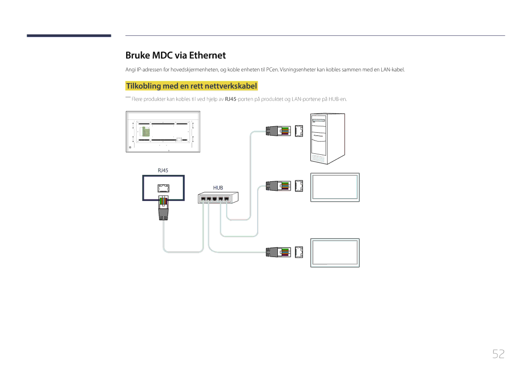 Samsung LH85QMDPLGC/EN, LH85QMDRTBC/EN manual Bruke MDC via Ethernet, Tilkobling med en rett nettverkskabel 