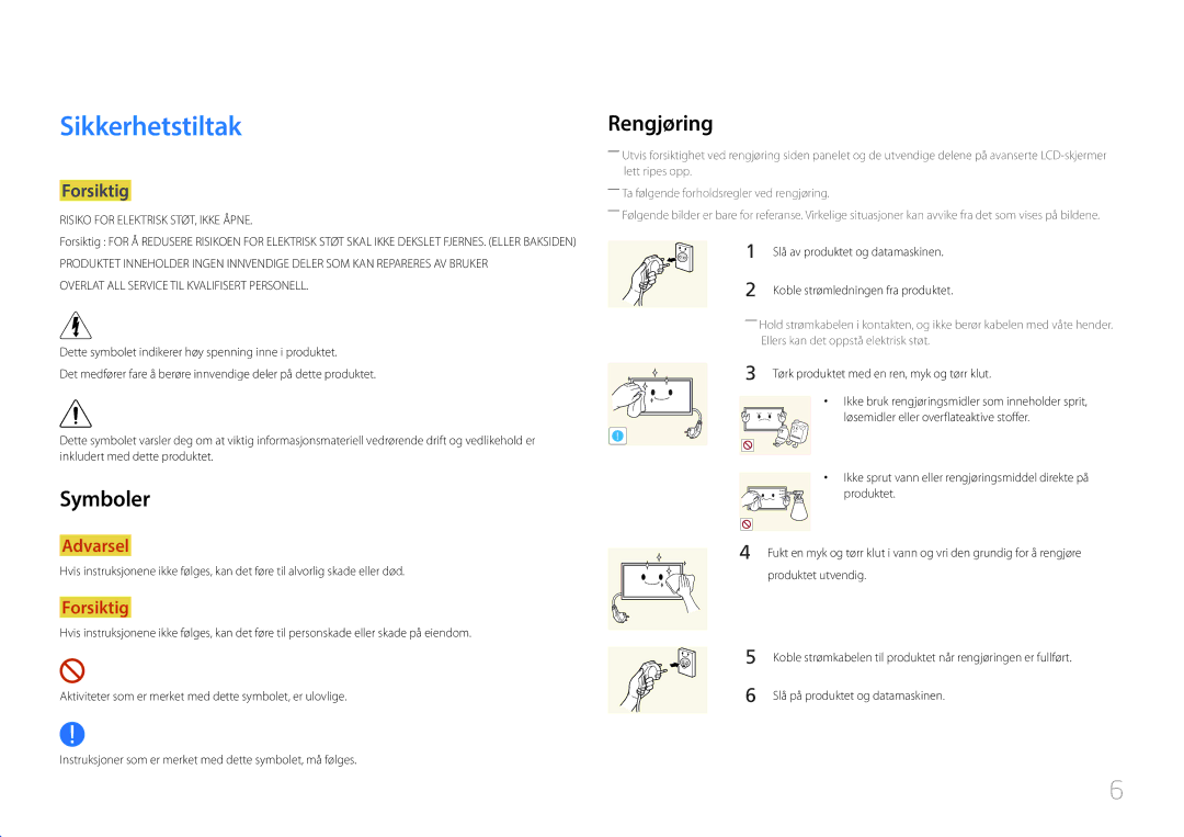 Samsung LH85QMDPLGC/EN, LH85QMDRTBC/EN manual Sikkerhetstiltak, Rengjøring, Symboler, Forsiktig 