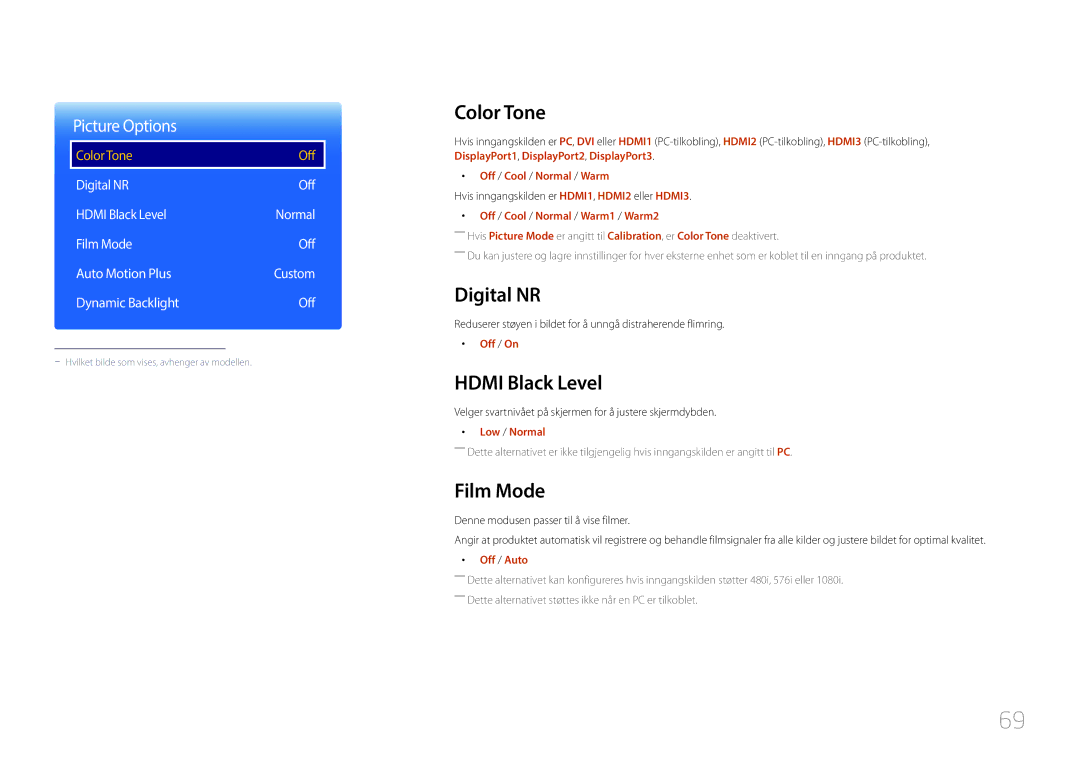 Samsung LH85QMDRTBC/EN, LH85QMDPLGC/EN manual Color Tone, Digital NR, Hdmi Black Level, Film Mode 