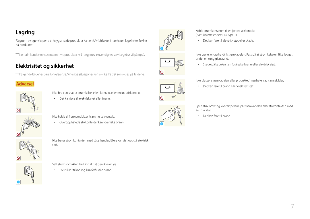 Samsung LH85QMDRTBC/EN, LH85QMDPLGC/EN manual Lagring, Elektrisitet og sikkerhet 