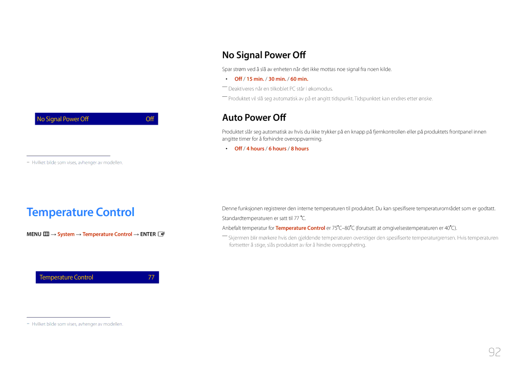 Samsung LH85QMDPLGC/EN, LH85QMDRTBC/EN manual Temperature Control, No Signal Power Off, Auto Power Off 