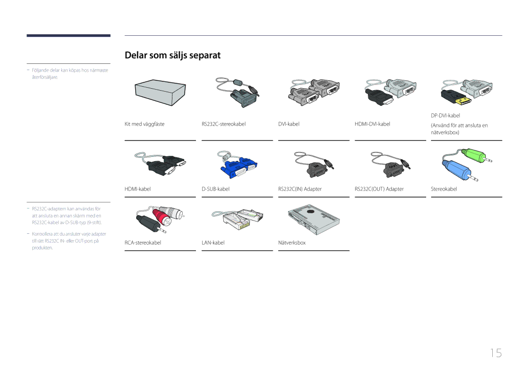 Samsung LH85QMDRTBC/EN, LH85QMDPLGC/EN manual Delar som säljs separat, DP-DVI-kabel 