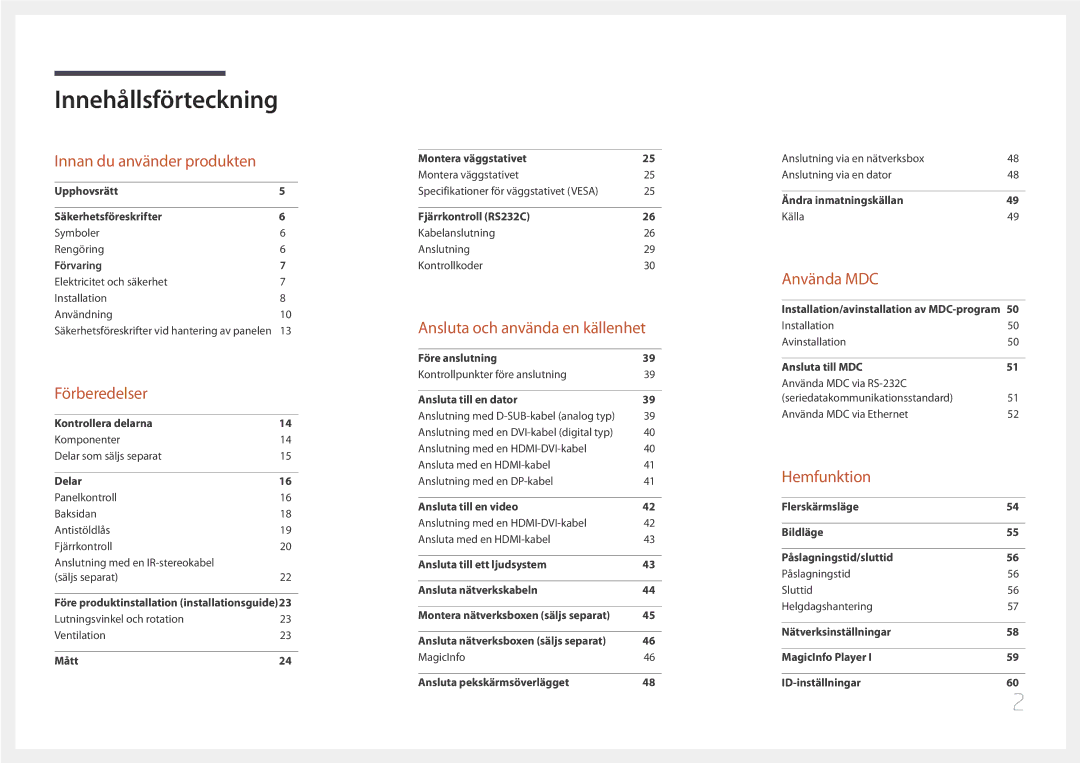 Samsung LH85QMDPLGC/EN, LH85QMDRTBC/EN manual Innehållsförteckning 