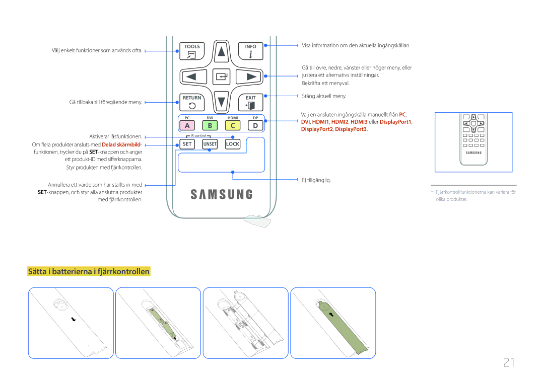 Samsung LH85QMDRTBC/EN, LH85QMDPLGC/EN manual Sätta i batterierna i fjärrkontrollen, Välj enkelt funktioner som används ofta 