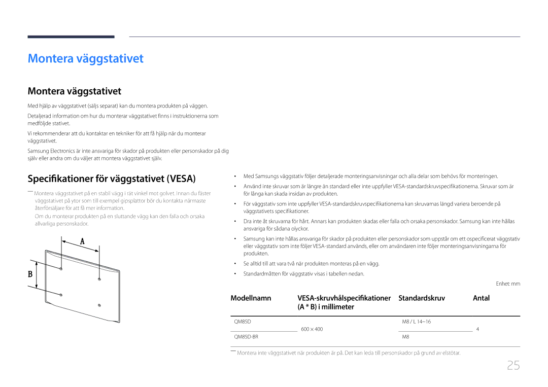 Samsung LH85QMDRTBC/EN manual Montera väggstativet, Specifikationer för väggstativet Vesa, Standardskruv, I millimeter 