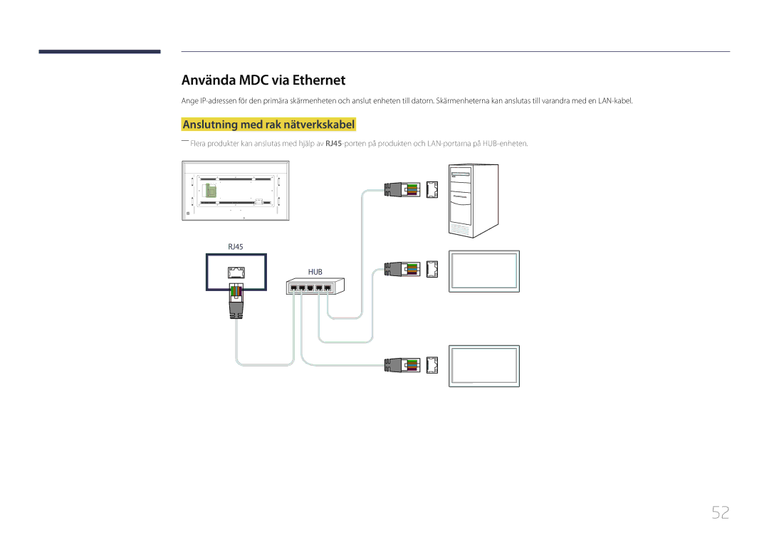 Samsung LH85QMDPLGC/EN, LH85QMDRTBC/EN manual Använda MDC via Ethernet, Anslutning med rak nätverkskabel 