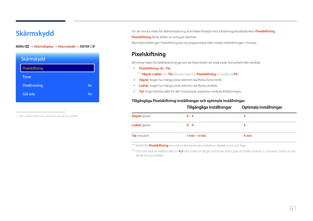 Samsung LH85QMDRTBC/EN, LH85QMDPLGC/EN Skärmskydd, Pixelskiftning, Optimala inställningar, Timer DirektvisningAv Grå sida 