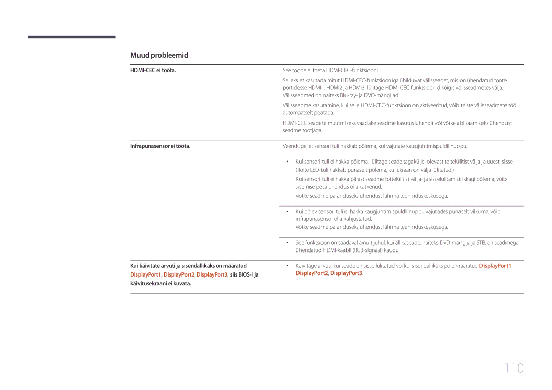 Samsung LH85QMDPLGC/EN manual 110, HDMI-CEC ei tööta, See toode ei toeta HDMI-CEC-funktsiooni, Infrapunasensor ei tööta 