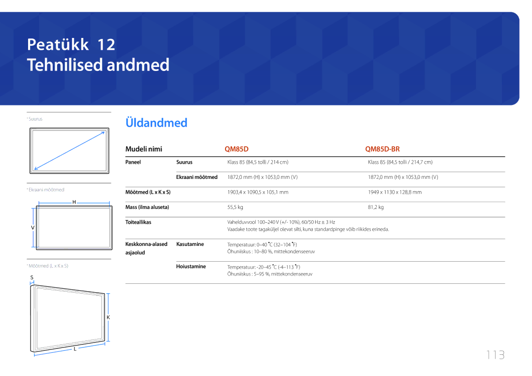 Samsung LH85QMDRTBC/EN, LH85QMDPLGC/EN manual Tehnilised andmed, Üldandmed, 113 