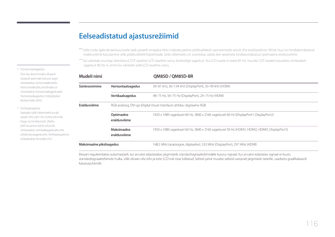 Samsung LH85QMDPLGC/EN, LH85QMDRTBC/EN manual Eelseadistatud ajastusrežiimid, 116, Mudeli nimi QM85D / QM85D-BR 