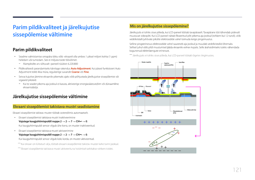 Samsung LH85QMDRTBC/EN, LH85QMDPLGC/EN manual 121, Parim pildikvaliteet, Järelkujutise sissepõlemise vältimine 