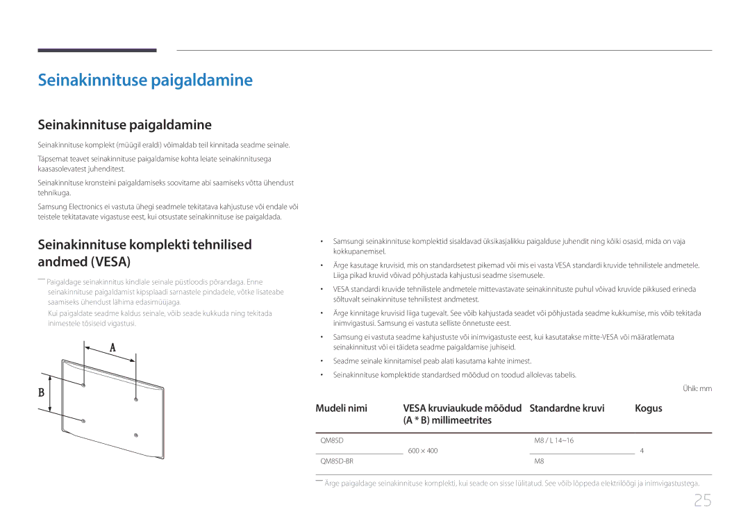 Samsung LH85QMDRTBC/EN, LH85QMDPLGC/EN manual Seinakinnituse paigaldamine, Seinakinnituse komplekti tehnilised andmed Vesa 