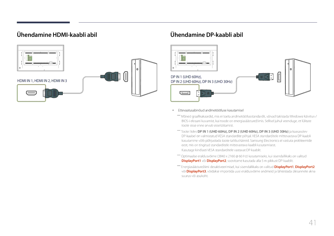 Samsung LH85QMDRTBC/EN Ühendamine HDMI-kaabli abil, Ühendamine DP-kaabli abil, Ettevaatusabinõud andmetöötluse kasutamisel 