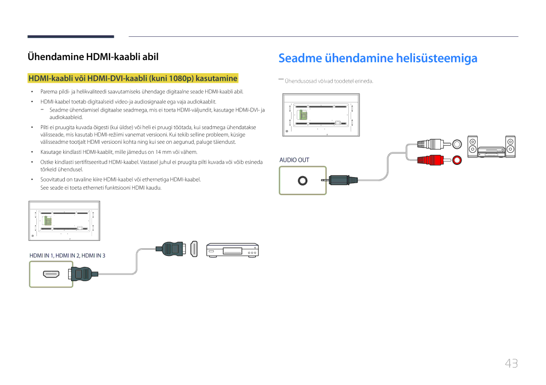 Samsung LH85QMDRTBC/EN manual Seadme ühendamine helisüsteemiga, HDMI-kaabli või HDMI-DVI-kaabli kuni 1080p kasutamine 