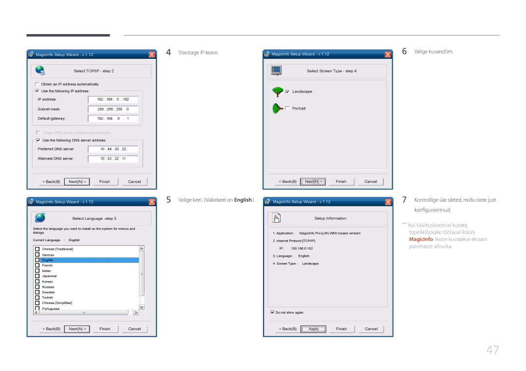 Samsung LH85QMDRTBC/EN, LH85QMDPLGC/EN manual Sisestage IP-teave Valige keel. Vaikekeel on English, Konfigureerinud 