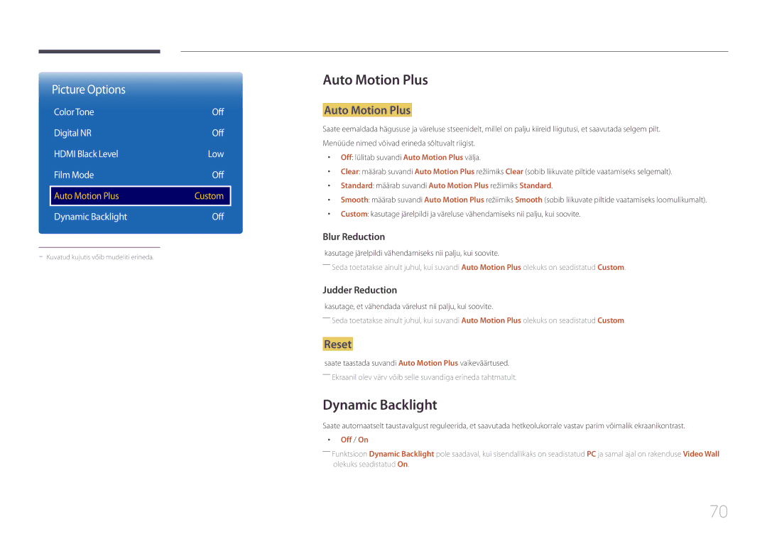 Samsung LH85QMDPLGC/EN, LH85QMDRTBC/EN manual Auto Motion Plus, Dynamic Backlight, Reset 