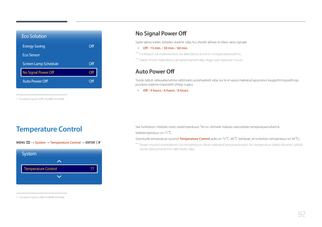 Samsung LH85QMDPLGC/EN, LH85QMDRTBC/EN manual Temperature Control, No Signal Power Off, Auto Power Off 