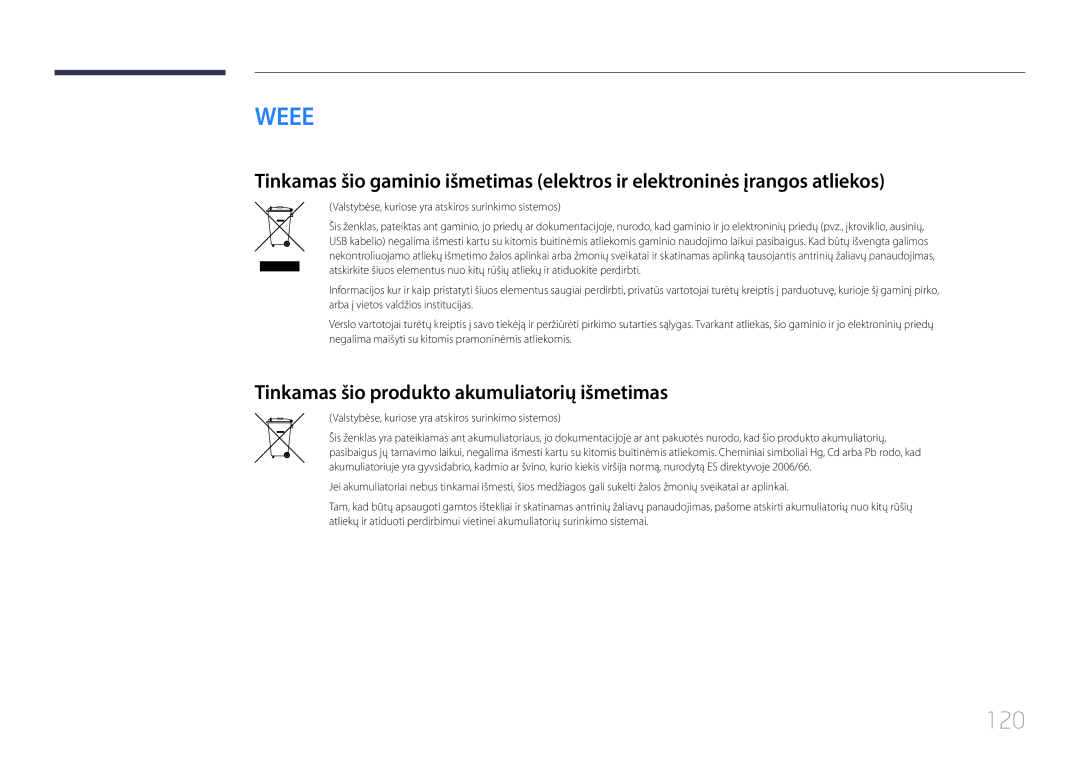 Samsung LH85QMDPLGC/EN, LH85QMDRTBC/EN manual 120, Tinkamas šio produkto akumuliatorių išmetimas 