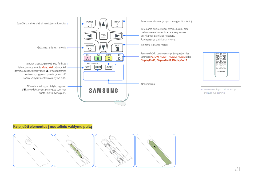 Samsung LH85QMDRTBC/EN Kaip įdėti elementus į nuotolinio valdymo pultą, Sparčiai pasirinkti dažnai naudojamas funkcijas 