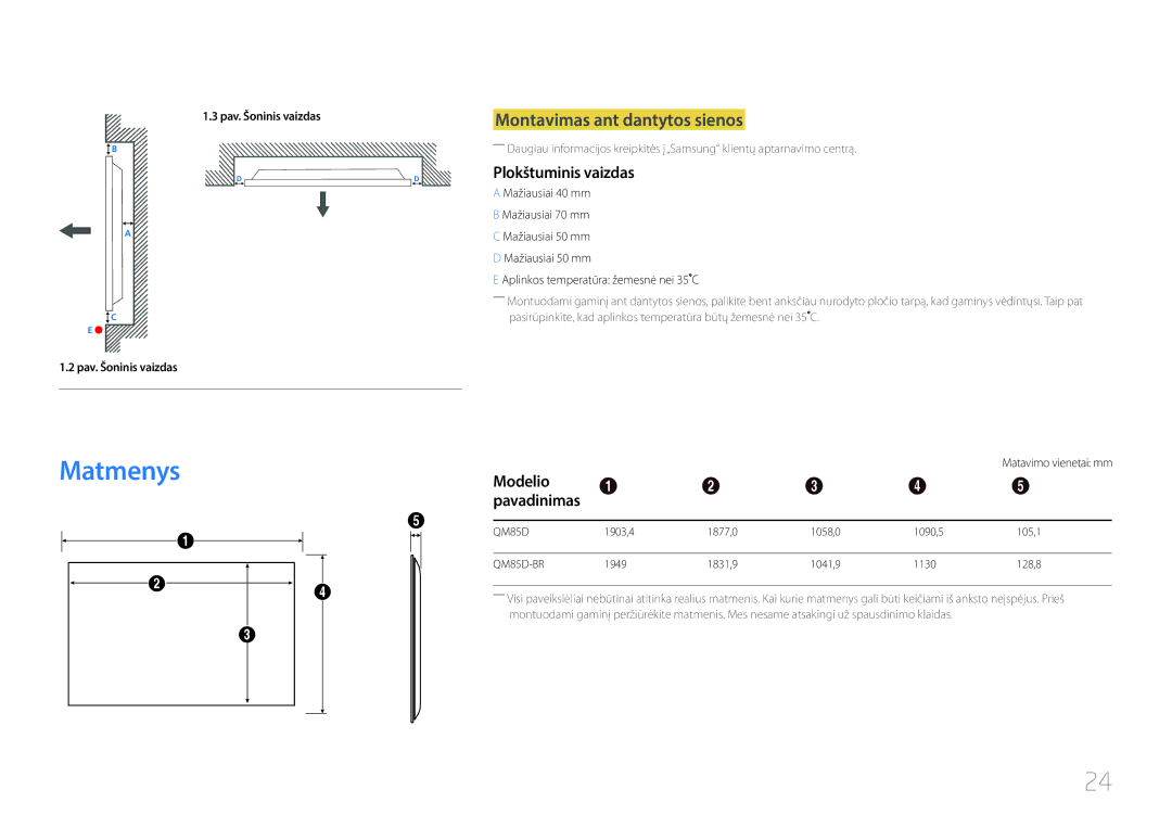 Samsung LH85QMDPLGC/EN manual Matmenys, Montavimas ant dantytos sienos, Plokštuminis vaizdas, Modelio, Matavimo vienetai mm 