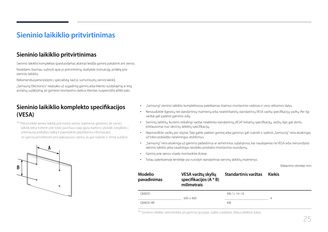 Samsung LH85QMDRTBC/EN Sieninio laikiklio pritvirtinimas, Sieninio laikiklio komplekto specifikacijos Vesa, Milimetrais 