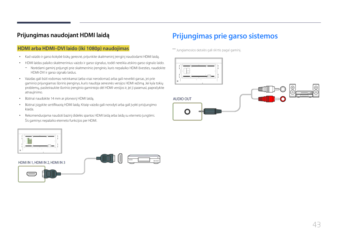 Samsung LH85QMDRTBC/EN, LH85QMDPLGC/EN manual Prijungimas prie garso sistemos, Hdmi arba HDMI-DVI laido iki 1080p naudojimas 