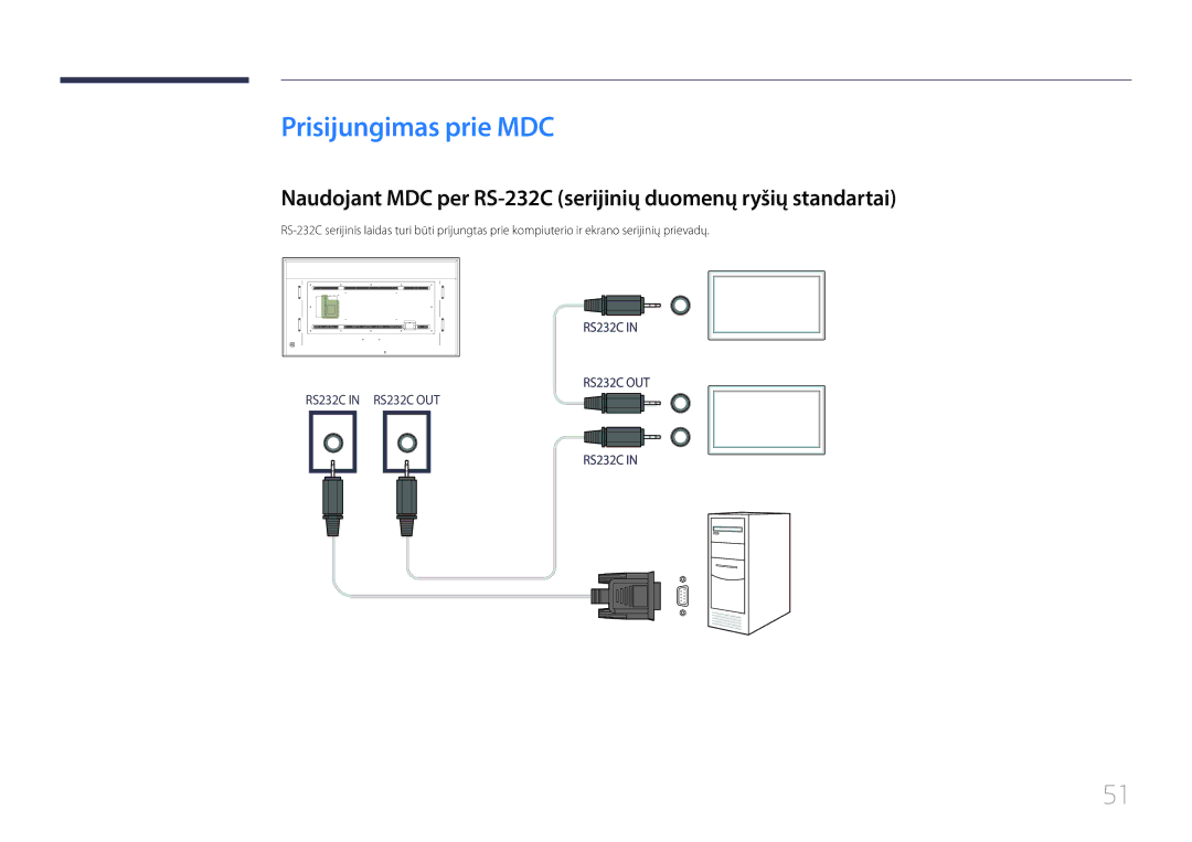 Samsung LH85QMDRTBC/EN manual Prisijungimas prie MDC, Naudojant MDC per RS-232C serijinių duomenų ryšių standartai 