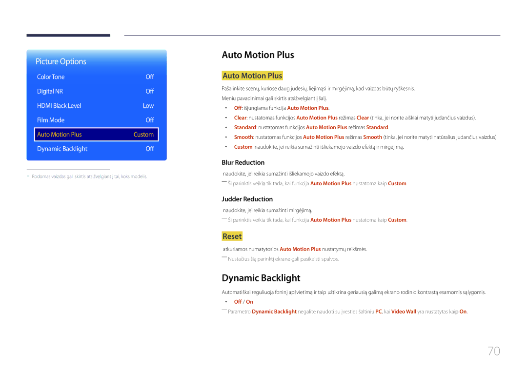 Samsung LH85QMDPLGC/EN, LH85QMDRTBC/EN manual Auto Motion Plus, Dynamic Backlight, Reset 