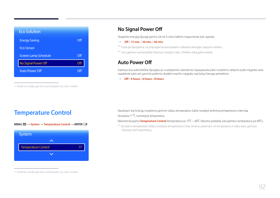 Samsung LH85QMDPLGC/EN, LH85QMDRTBC/EN manual Temperature Control, No Signal Power Off, Auto Power Off 