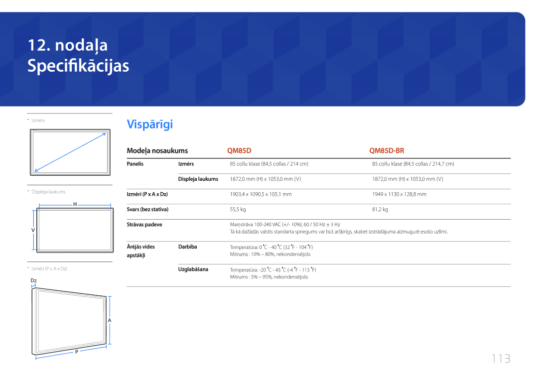 Samsung LH85QMDRTBC/EN, LH85QMDPLGC/EN manual Specifikācijas, Vispārīgi, 113, Modeļa nosaukums 