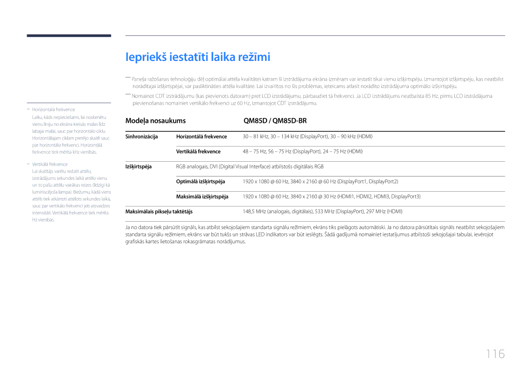 Samsung LH85QMDPLGC/EN, LH85QMDRTBC/EN manual Iepriekš iestatīti laika režīmi, 116, Modeļa nosaukums QM85D / QM85D-BR 