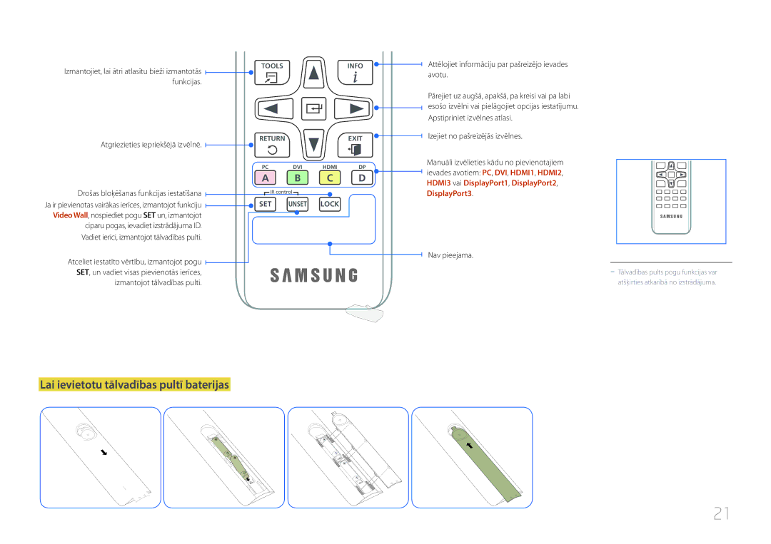 Samsung LH85QMDRTBC/EN manual Lai ievietotu tālvadības pultī baterijas, HDMI3 vai DisplayPort1, DisplayPort2 DisplayPort3 