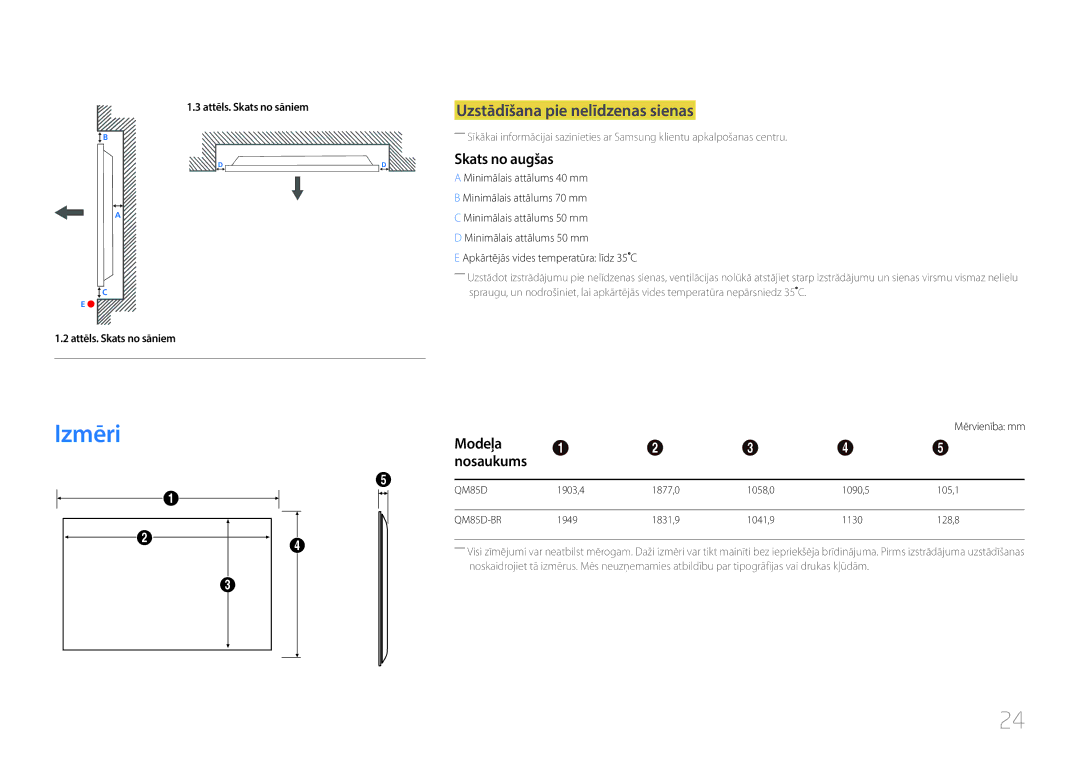 Samsung LH85QMDPLGC/EN, LH85QMDRTBC/EN manual Uzstādīšana pie nelīdzenas sienas, Skats no augšas, Modeļa, Mērvienība mm 