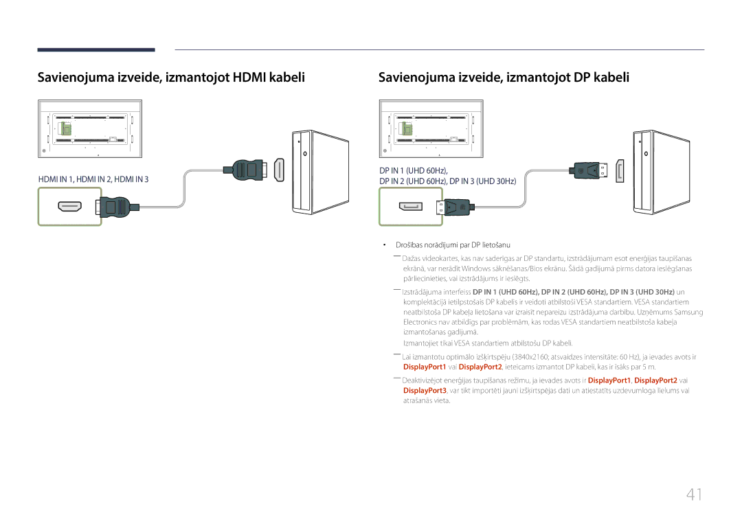 Samsung LH85QMDRTBC/EN, LH85QMDPLGC/EN Savienojuma izveide, izmantojot Hdmi kabeli, Drošības norādījumi par DP lietošanu 