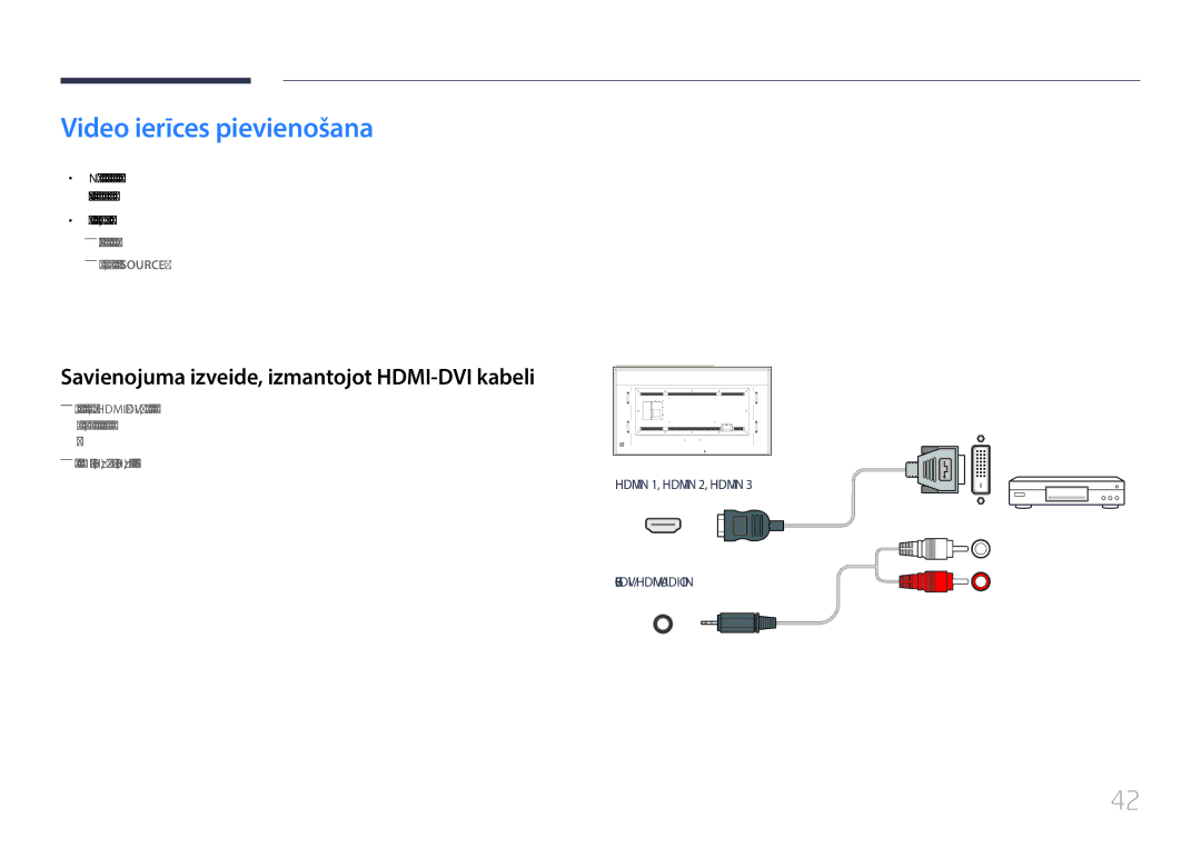 Samsung LH85QMDPLGC/EN, LH85QMDRTBC/EN manual Video ierīces pievienošana, Savienojuma izveide, izmantojot HDMI-DVI kabeli 