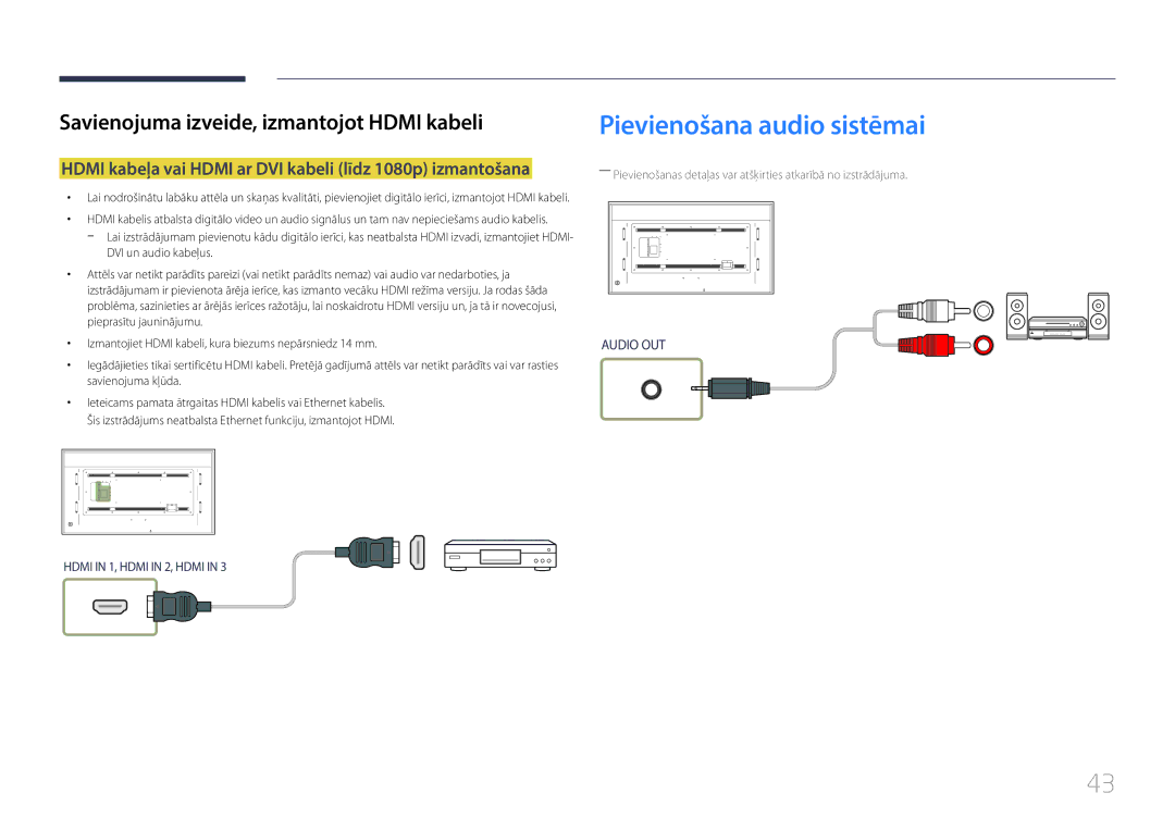 Samsung LH85QMDRTBC/EN manual Pievienošana audio sistēmai, Hdmi kabeļa vai Hdmi ar DVI kabeli līdz 1080p izmantošana 