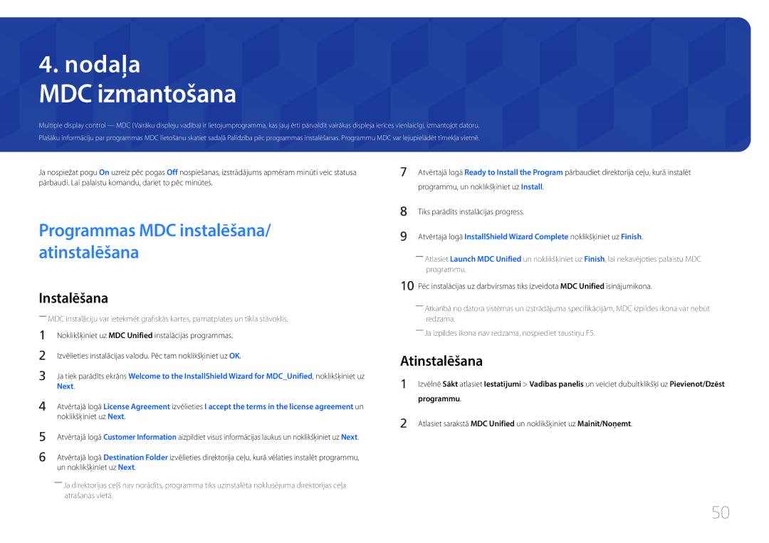 Samsung LH85QMDPLGC/EN manual MDC izmantošana, Programmas MDC instalēšana/ atinstalēšana, Atinstalēšana, Programmu 