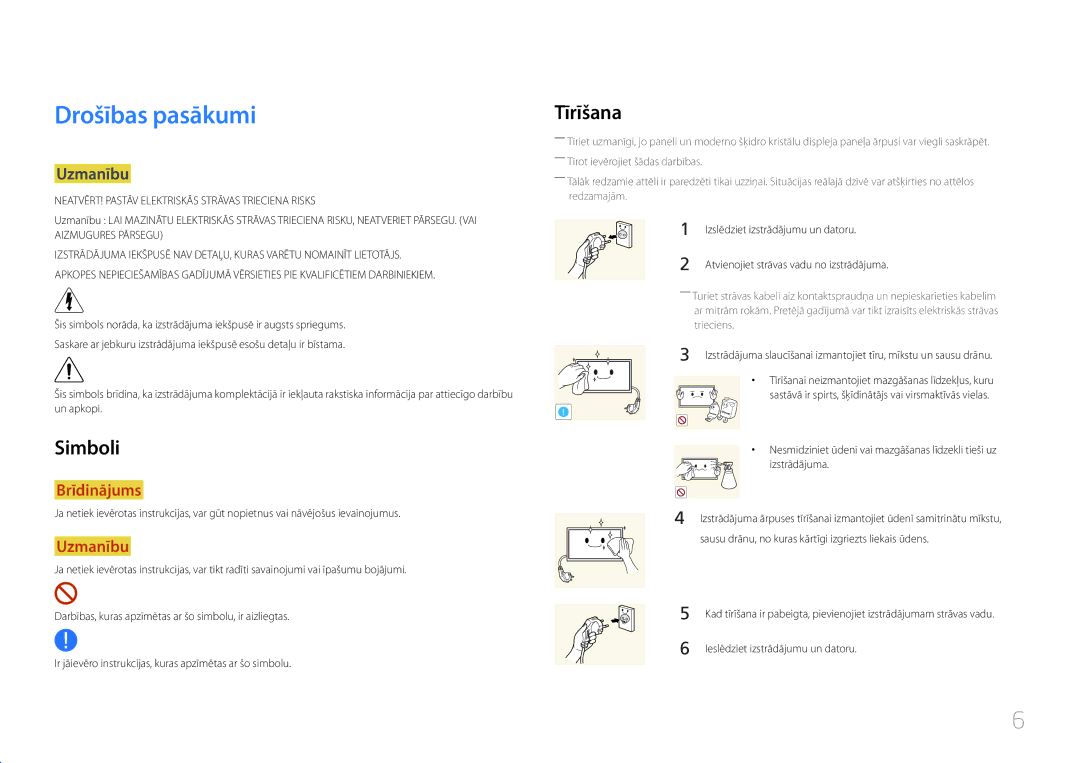 Samsung LH85QMDPLGC/EN, LH85QMDRTBC/EN manual Drošības pasākumi, Simboli, Tīrīšana, Uzmanību 