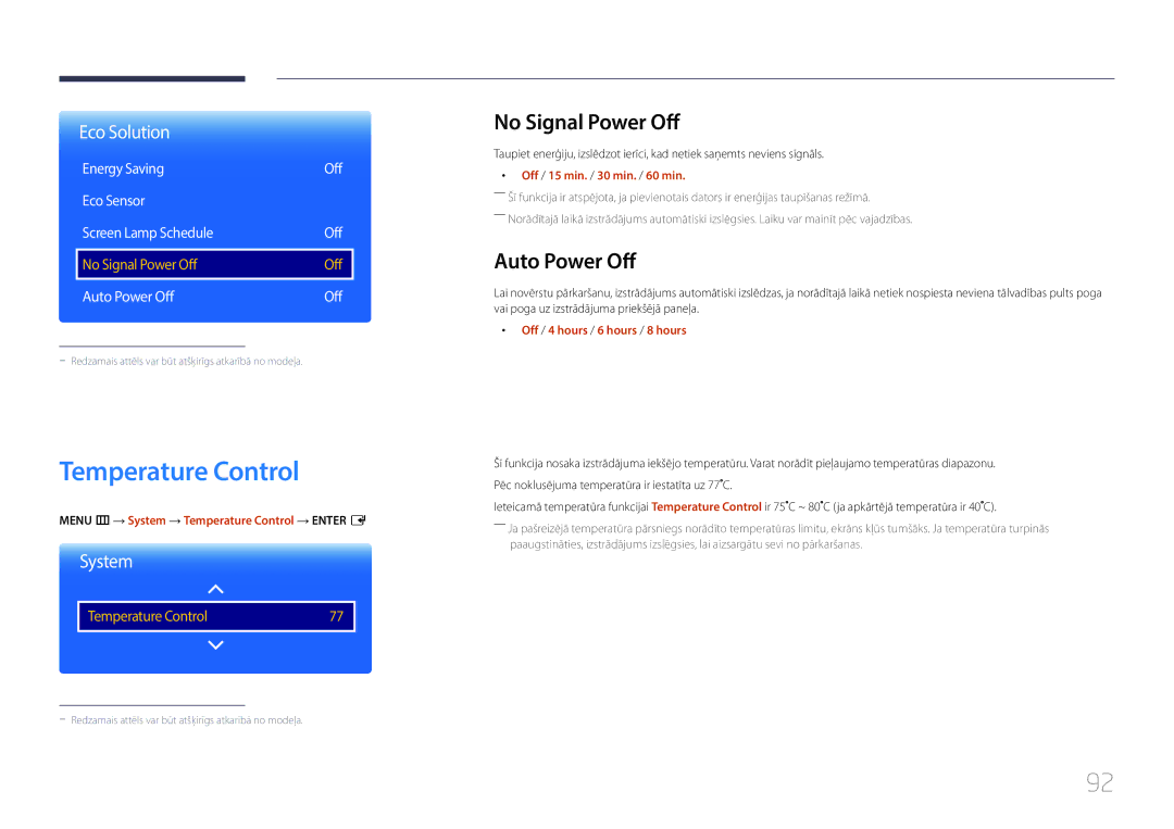 Samsung LH85QMDPLGC/EN, LH85QMDRTBC/EN manual Temperature Control, No Signal Power Off, Auto Power Off 