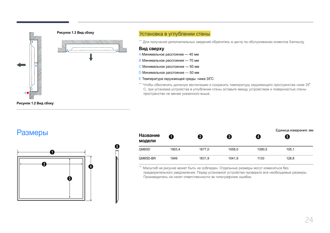 Samsung LH85QMDPLGC/EN, LH85QMDRTBC/EN manual Установка в углублении стены, Вид сверху, РазмерыНазвание 1 2 3 4, Модели 