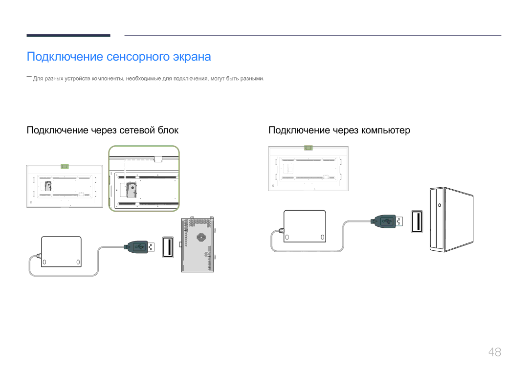 Samsung LH85QMDPLGC/EN, LH85QMDRTBC/EN manual Подключение сенсорного экрана, Подключение через сетевой блок 