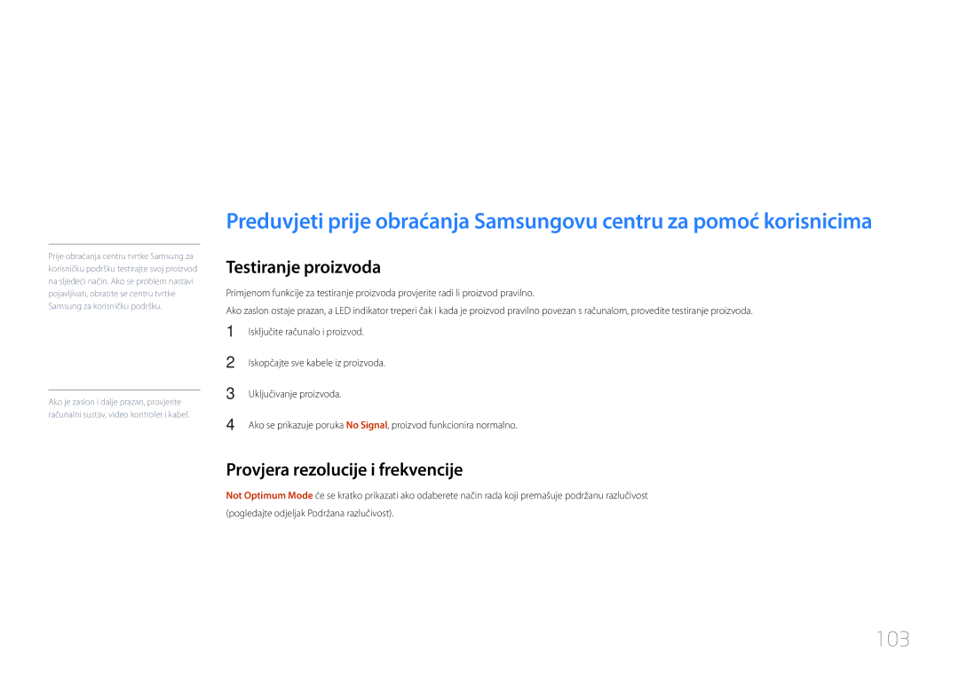 Samsung LH85QMDRTBC/EN manual Vodič za rješavanje problema, 103, Testiranje proizvoda, Provjera rezolucije i frekvencije 