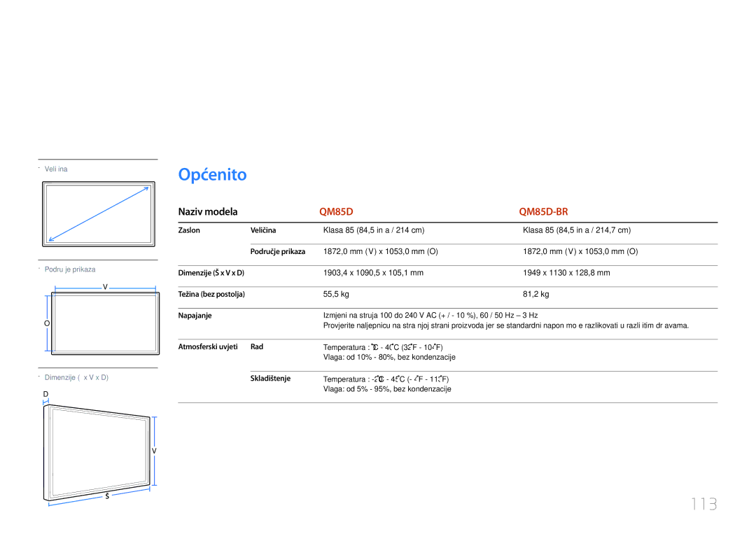 Samsung LH85QMDRTBC/EN, LH85QMDPLGC/EN manual Specifikacije, Općenito, 113 