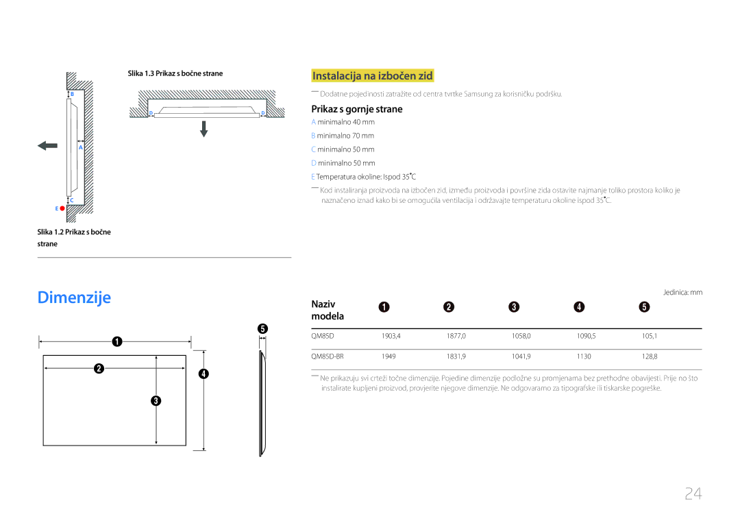 Samsung LH85QMDPLGC/EN manual Dimenzije, Instalacija na izbočen zid, Prikaz s gornje strane, Naziv Modela, Jedinica mm 